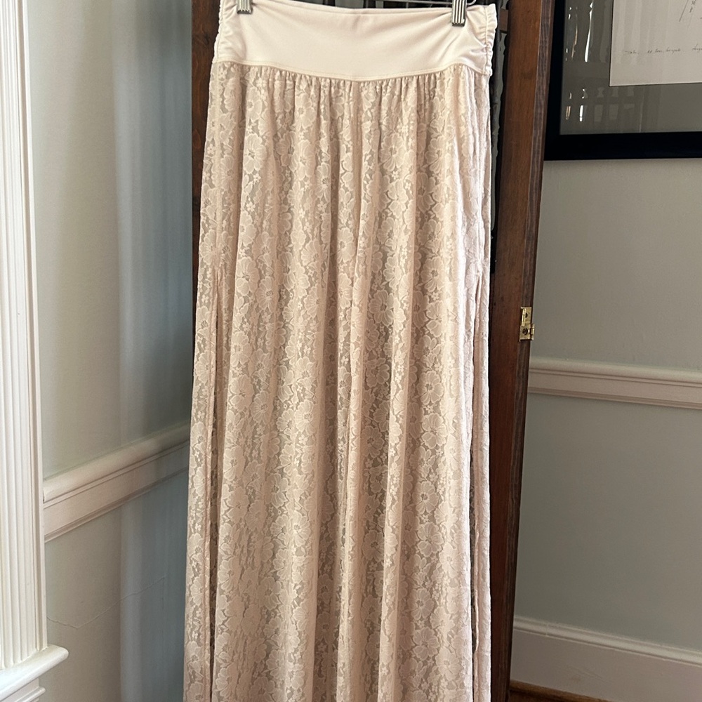 Lace Wide-Leg Side Slit Pants Cream Lace Versatile Lace Pants Cruise Resort Wear